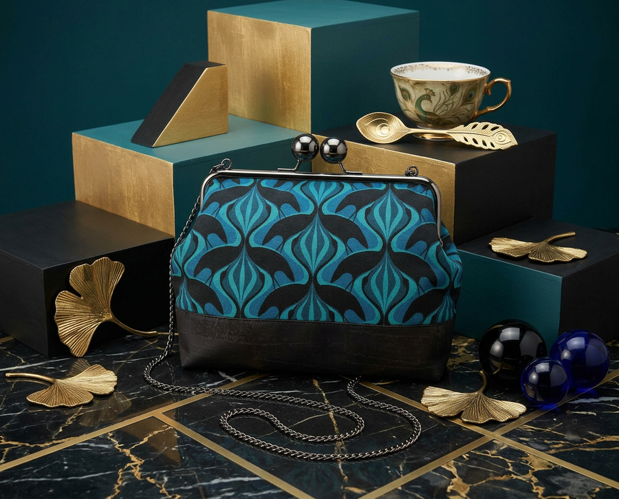 Large kisslock bag made from an art nouveau style design featuring black brolga silhouettes on a blue patterned background. The bag has a cork base and a long gunmetal chain.