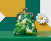 kisslock coin purse with yellow and white tamanu flowers on a green leafy background