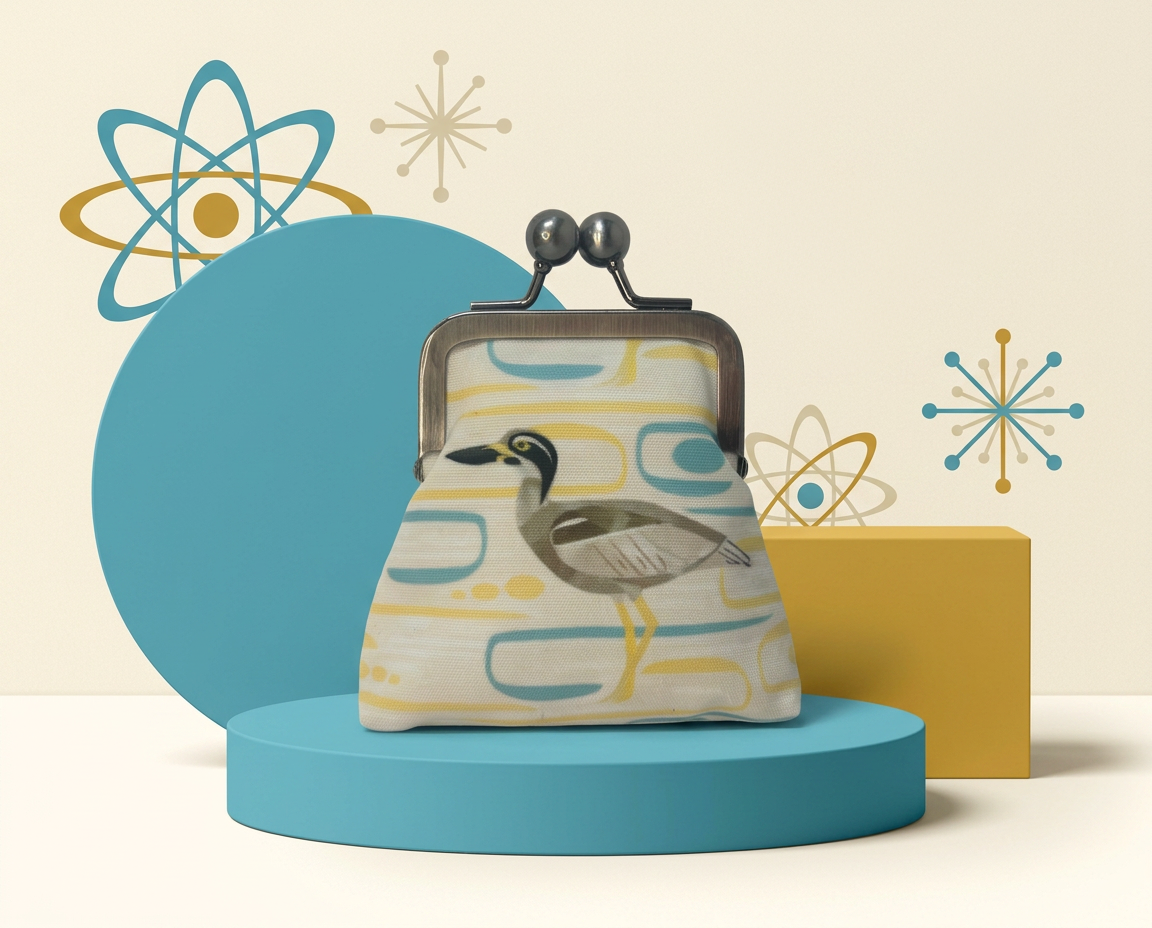 kisslock coin purse with a beach stone curlew on an abstract patterned background