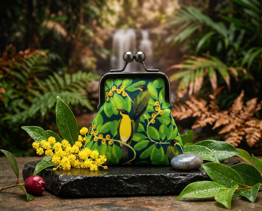 coin purse with print of two fig birds in a fig tree