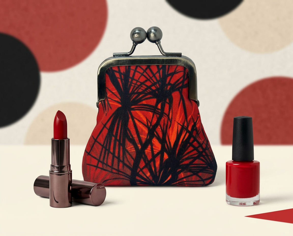 coin purse with pattern of black pandanus on red background