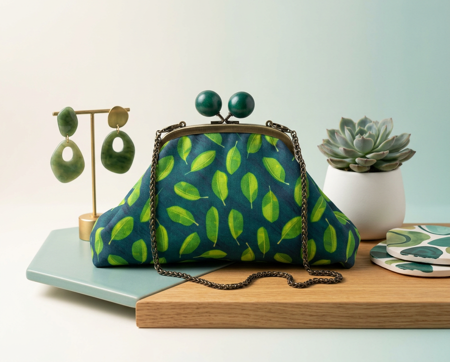 Small clutch purse made from pattern of bright green falling leaves on a deep blue background, with large green wooden balls clasp and chain