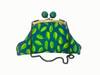 Small clutch purse made from pattern of bright green falling leaves on a deep blue background, with large green wooden balls clasp and chain