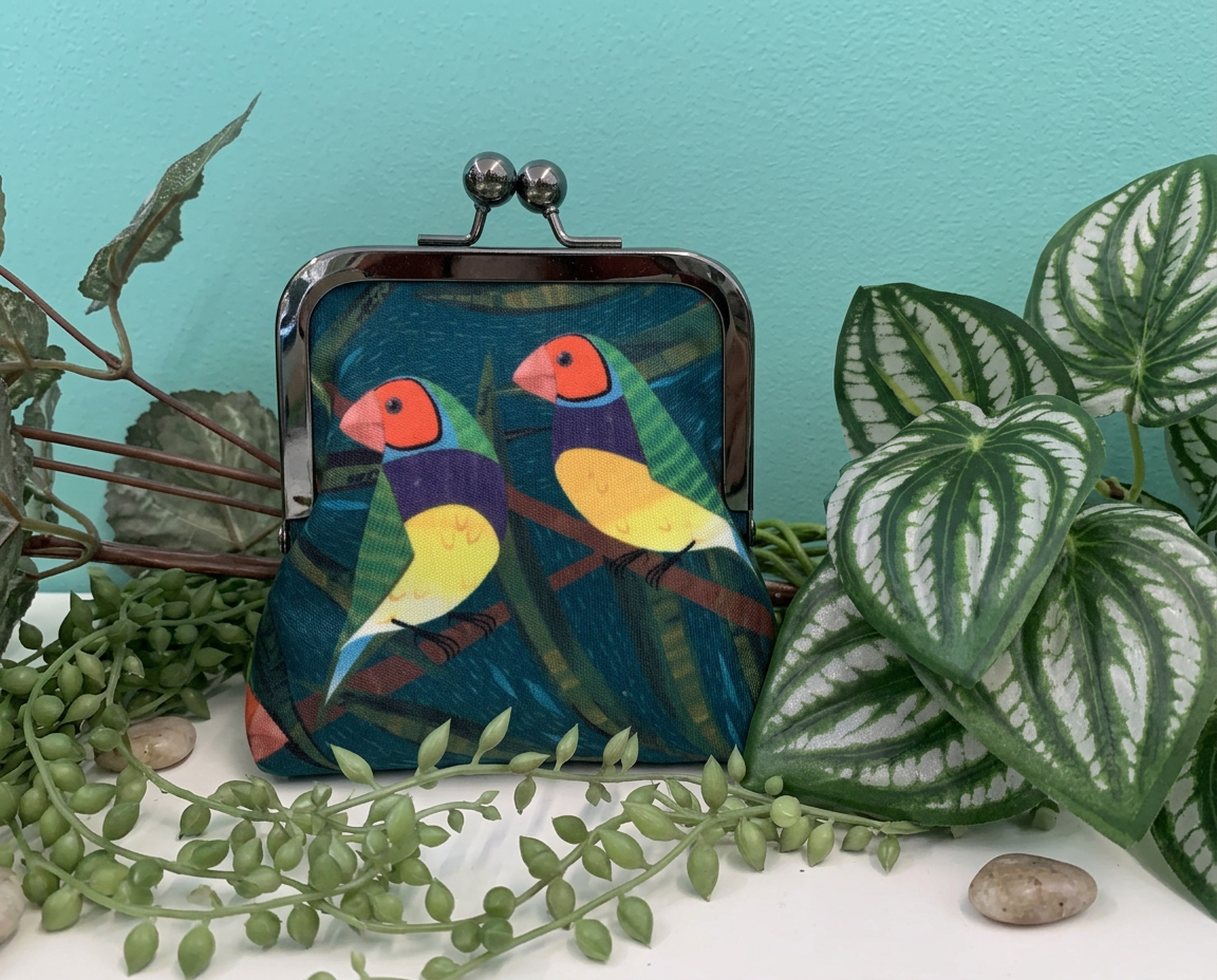 Large kisslock coin purse featuring two stylised Gouldian finches