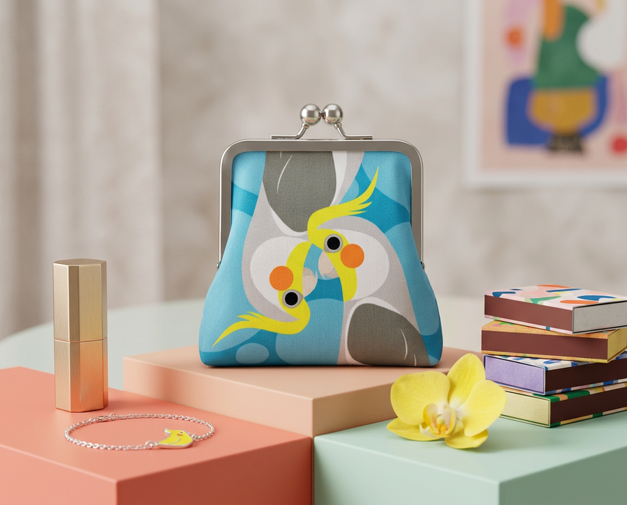 large coin purse with two stylised cockatiels, one upside down, against a blue spotted background