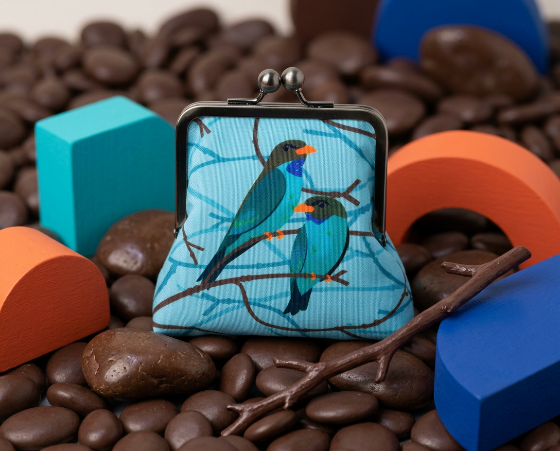 large coin purse featuring two oriental dollarbirds on a blue background with a twig pattern