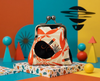 kisslock coin purse printed with a flame-backed fiddler crab pattern in black and red-orange against a wavy beige background, with a mid-century modern feel