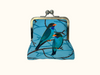 large coin purse featuring two oriental dollarbirds on a blue background with a twig pattern