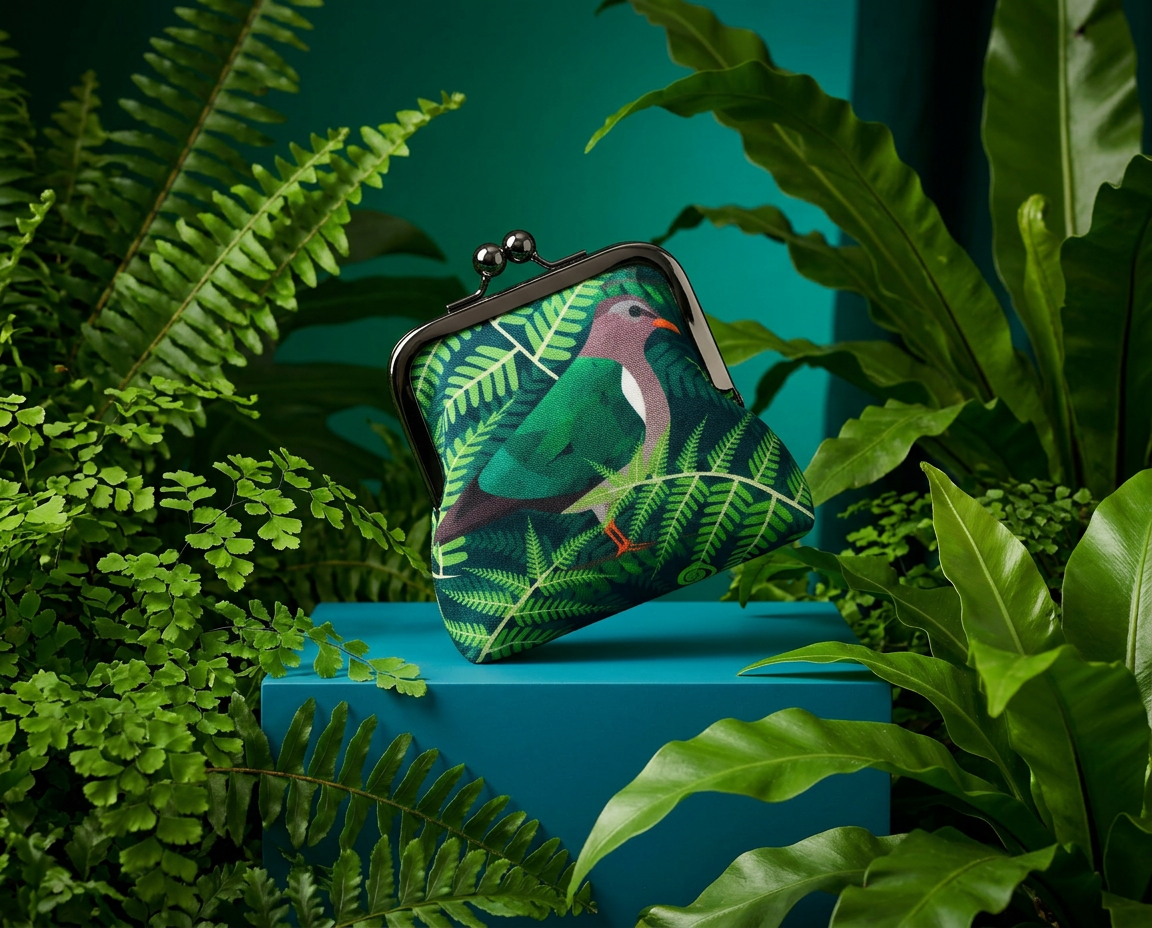 large kisslock coin purse with an emerald ground dove against a background of ferns