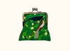 Large kisslock purse featuring a pair of Eastern koels in a white fig on a green background