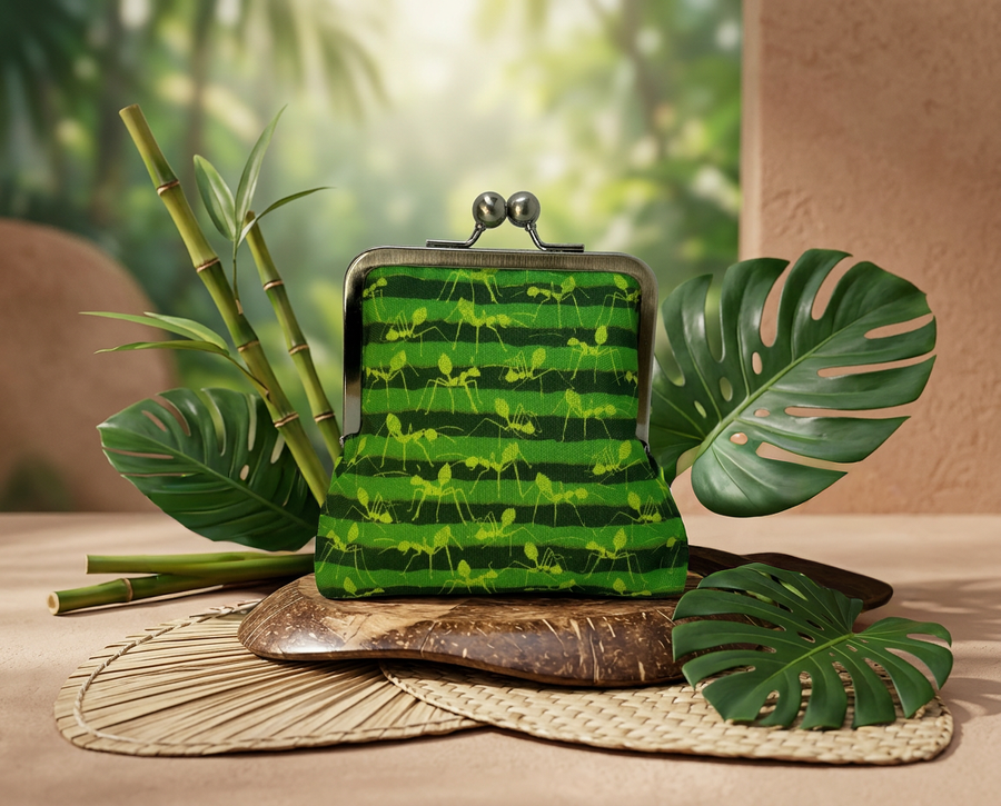 large kisslock coin purse with a pattern of bright green ants on a lime and khaki striped background