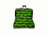 large kisslock coin purse with a pattern of bright green ants on a lime and khaki striped background