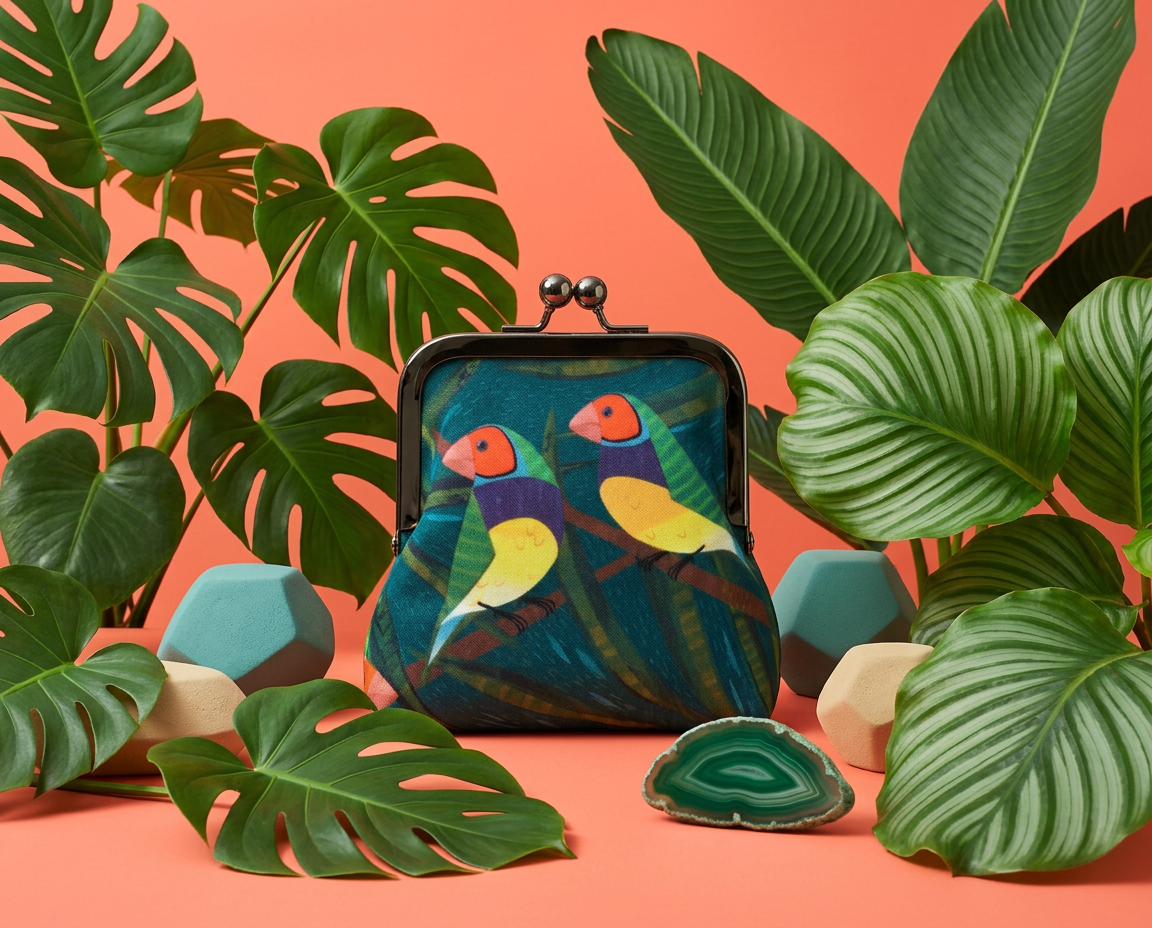 Large kisslock coin purse featuring two stylised Gouldian finches