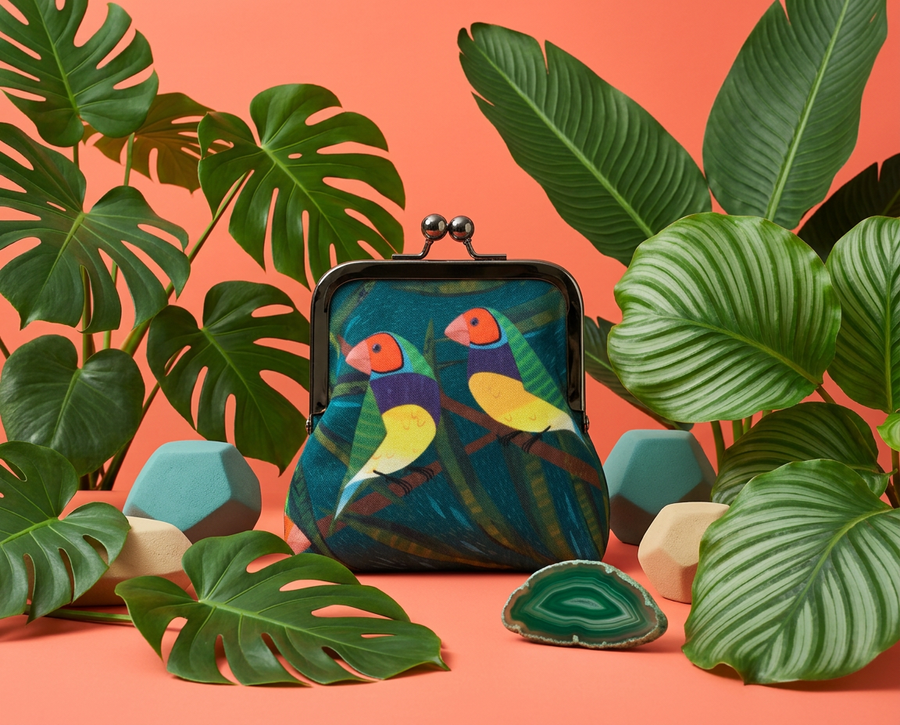 Large kisslock coin purse featuring two stylised Gouldian finches