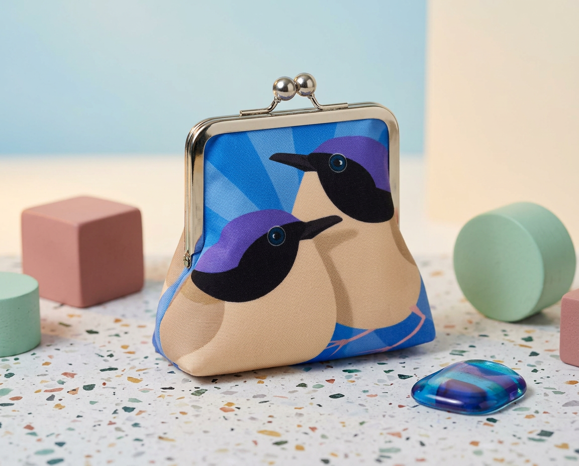 large kisslock coin purse featuring two stylised purple-crowned fairywrens