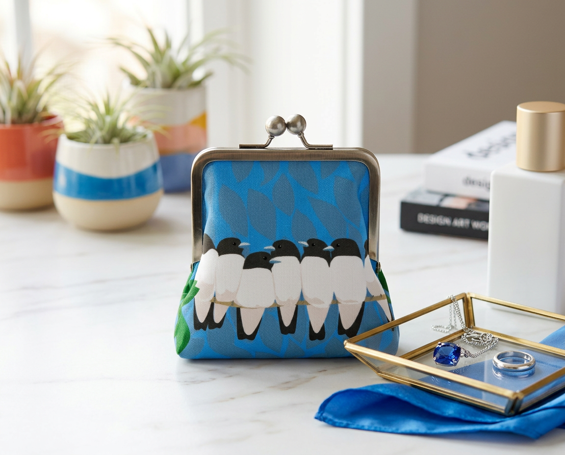 large kisslock coin purse with a row of white-breasted woodswallows bunched together on a branch against a blue background of falling leaves