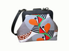 clutch purse with large stylised zebra finch pattern, black timber frame and black metal strap