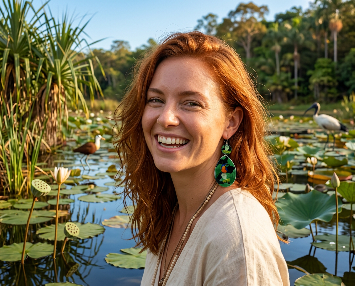 A woman wearing acrylic earrings showing azure kingfishers perched on sacred lotus seed pods