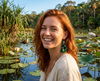 A woman wearing acrylic earrings showing azure kingfishers perched on sacred lotus seed pods