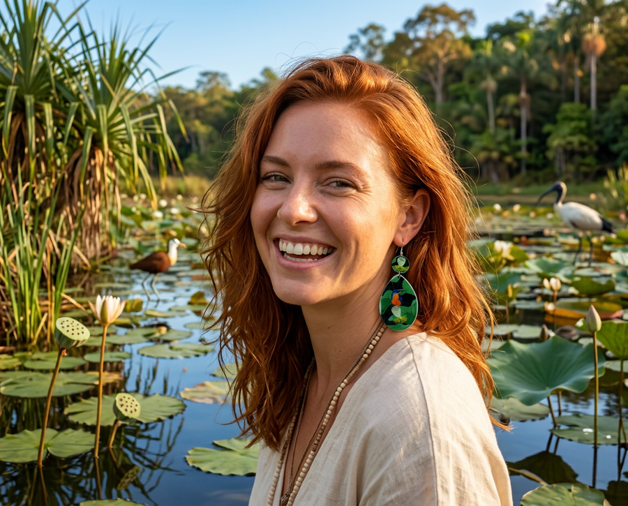A woman wearing acrylic earrings showing azure kingfishers perched on sacred lotus seed pods
