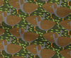 pattern of orange-footed scrub fowls and leaves on a forest green background