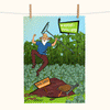 linen tea towel printed with a comic style picture of a man shaking a rake at an orange-footed scrub fowl that is digging up his garden