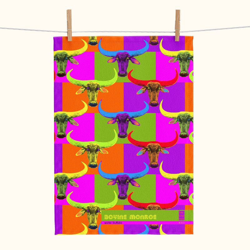 colourful linen tea towel with buffalo-heads in a pop-art design