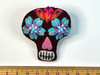 Deep burgundy sugar skull felt brooch with blue and purple eyes