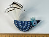 Blue rooster felt brooch with black and white tail feathers
