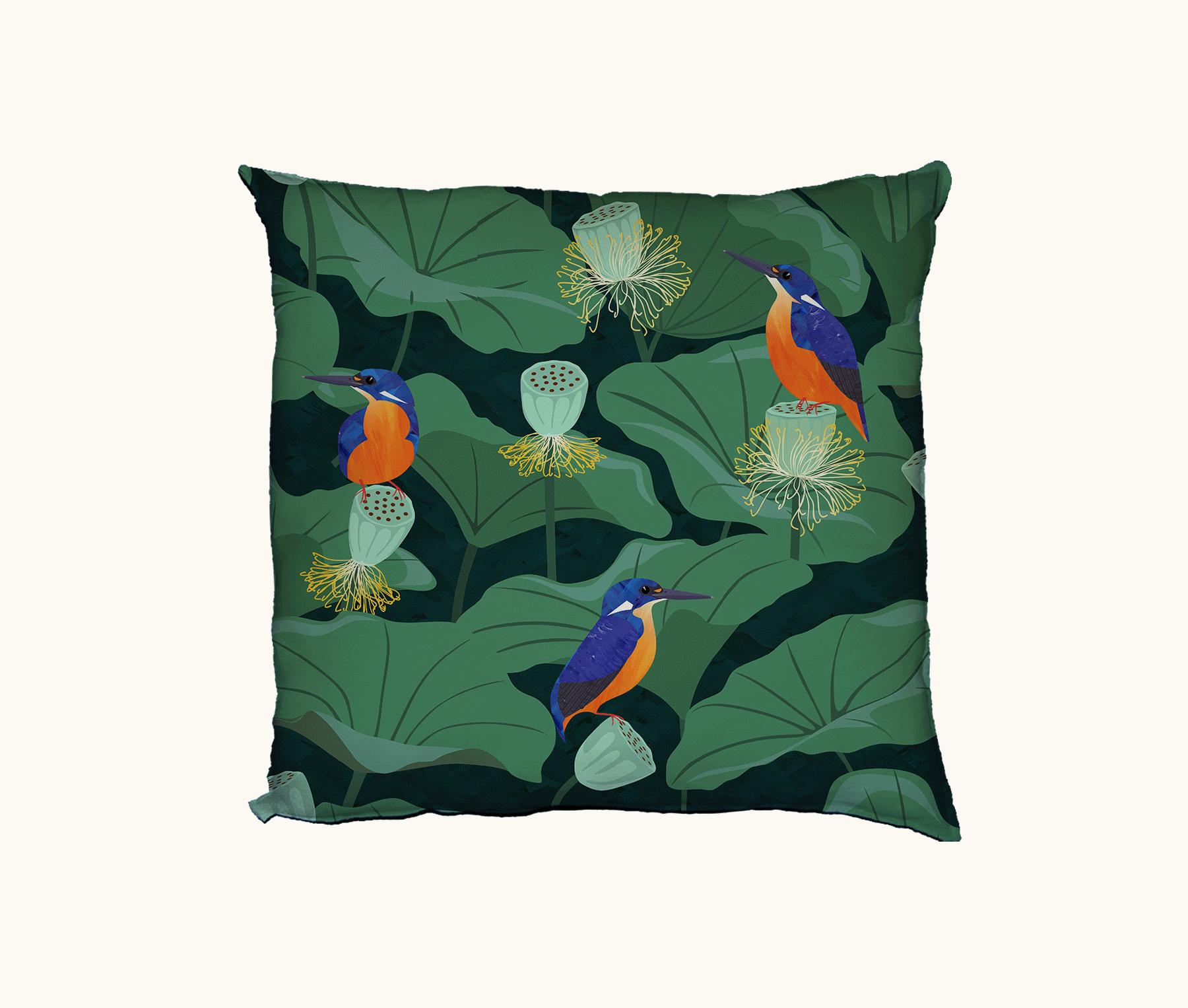 cushion with a pattern of azure kingfishers sitting on sacred lotus pods against a background of sacred lotus lily pads