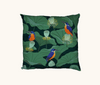 cushion with a pattern of azure kingfishers sitting on sacred lotus pods against a background of sacred lotus lily pads