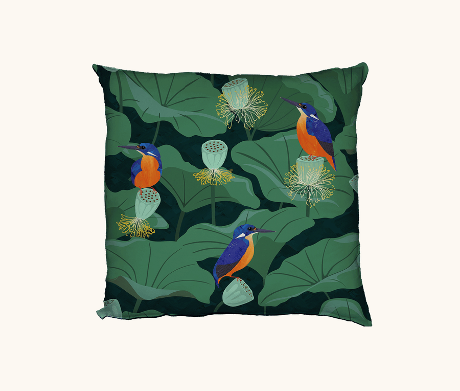 cushion with a pattern of azure kingfishers sitting on sacred lotus pods against a background of sacred lotus lily pads