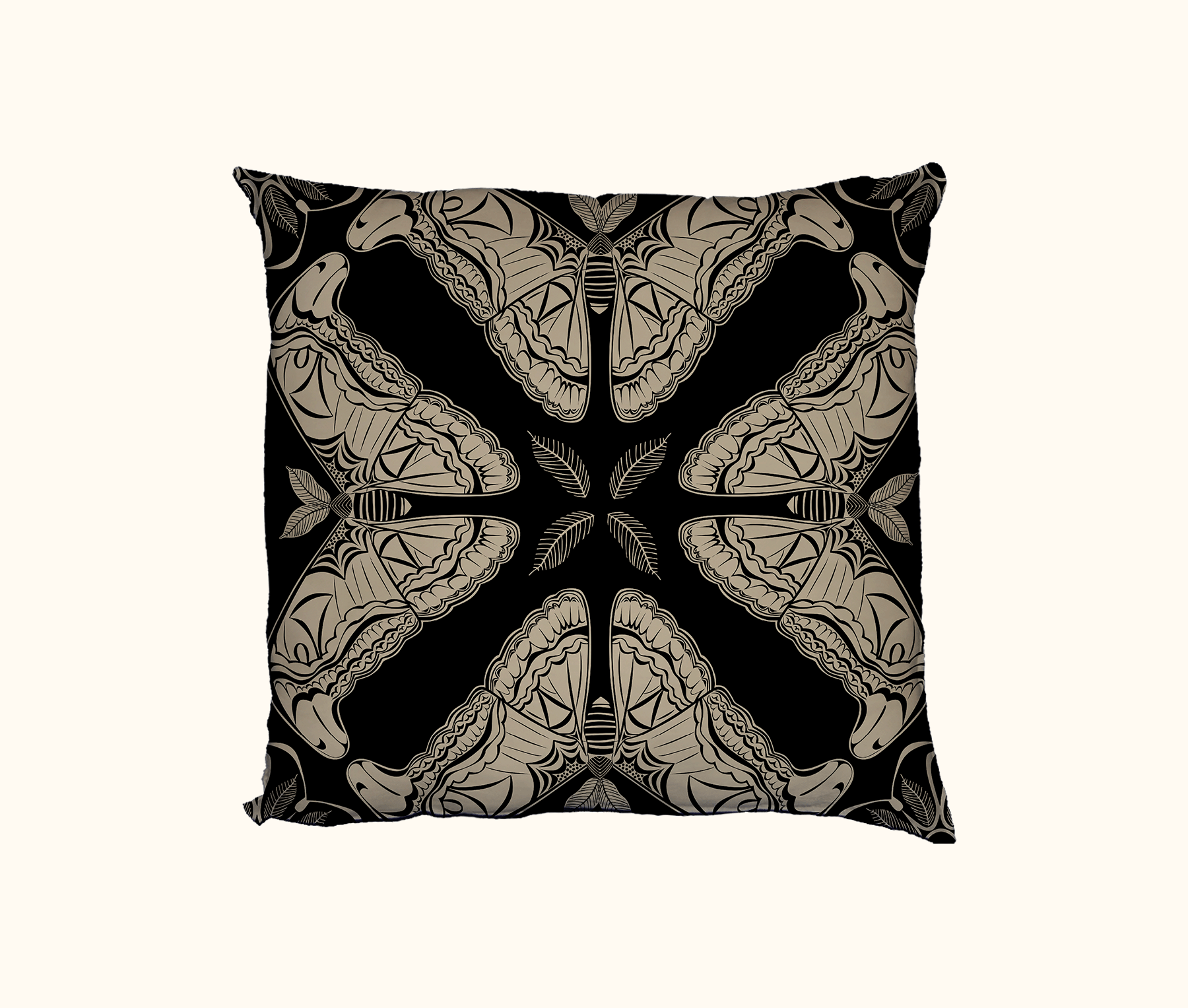 cushion with beige pattern of Atlas moth  on a black background