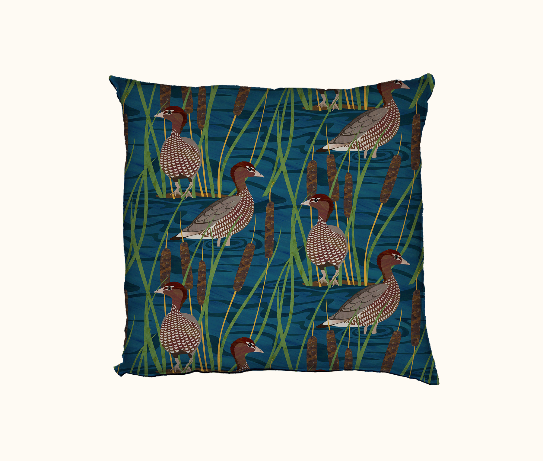 cushion featuring Australian wood ducks in water surrounded by bulrushes
