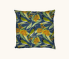 cushion patterned with stylised blue faced honeyeaters and scarlet gum blooms