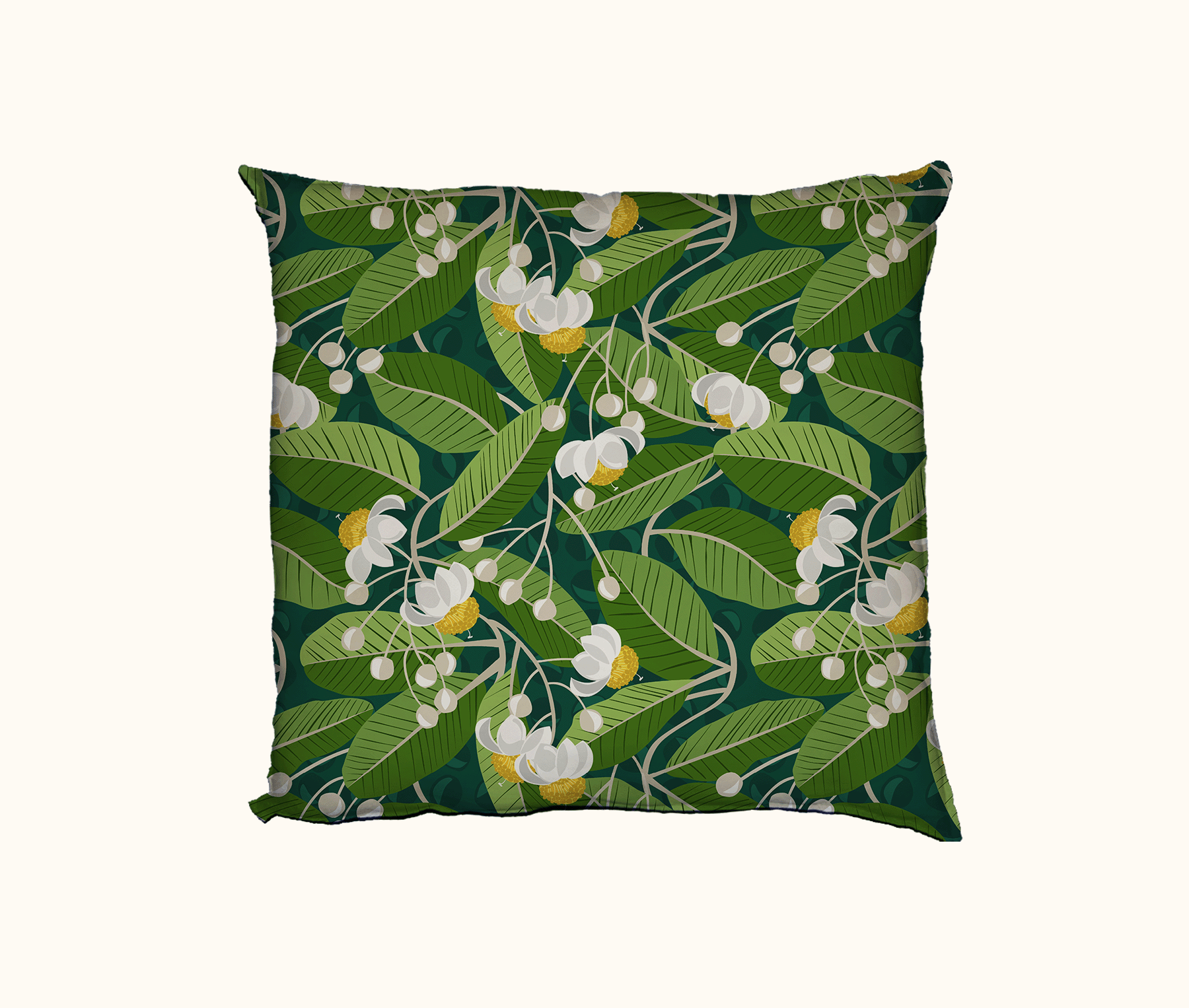 cushion featuring a stylised pattern of yellow and white flowers on green leaves and a teal background based on the tamanu tree