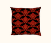 cushion with a black on red art nouveau inspired dancing brolga design