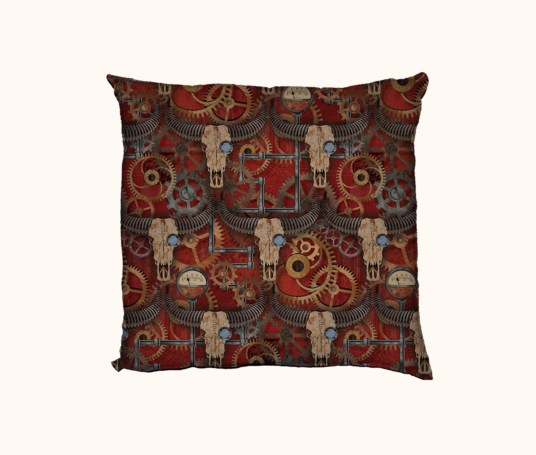 cushion cover with repeat steampunk pattern of buffalo skulls against a background of cogs, pipes, pressure gauges, circuits and red soil