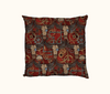 cushion cover with repeat steampunk pattern of buffalo skulls against a background of cogs, pipes, pressure gauges, circuits and red soil