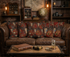 cushion covers with repeat steampunk pattern of buffalo skulls against a background of cogs, pipes, pressure gauges, circuits and red soil on an old leather couch in a man-cave full of antiques