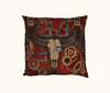 cushion cover with a large steampunk inspired buffalo skull against a background of cogs, pipes, circuits and red soil