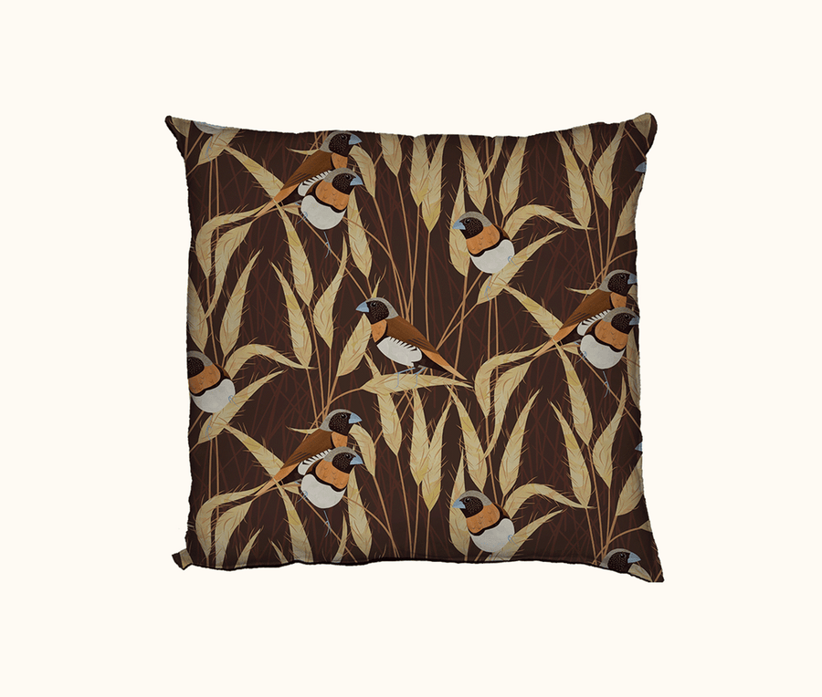 cushion featuring chestnut-breasted mannikins on grass seedheads against a brown background