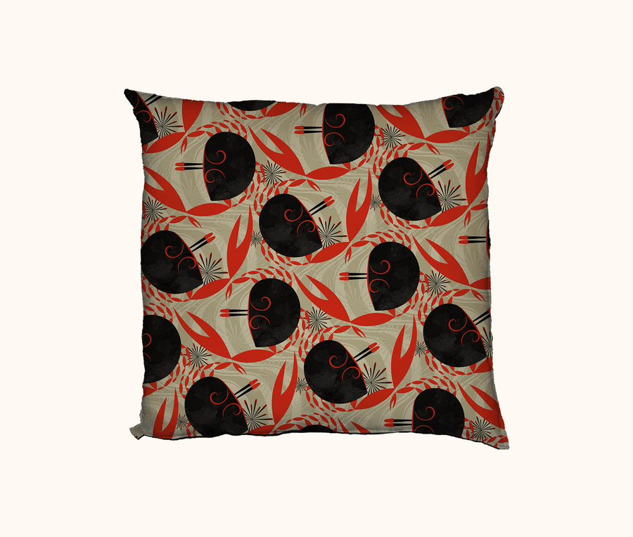 cushion printed with a flame-backed fiddler crab pattern in black and red-orange against a wavy beige background, with a mid-century modern feel