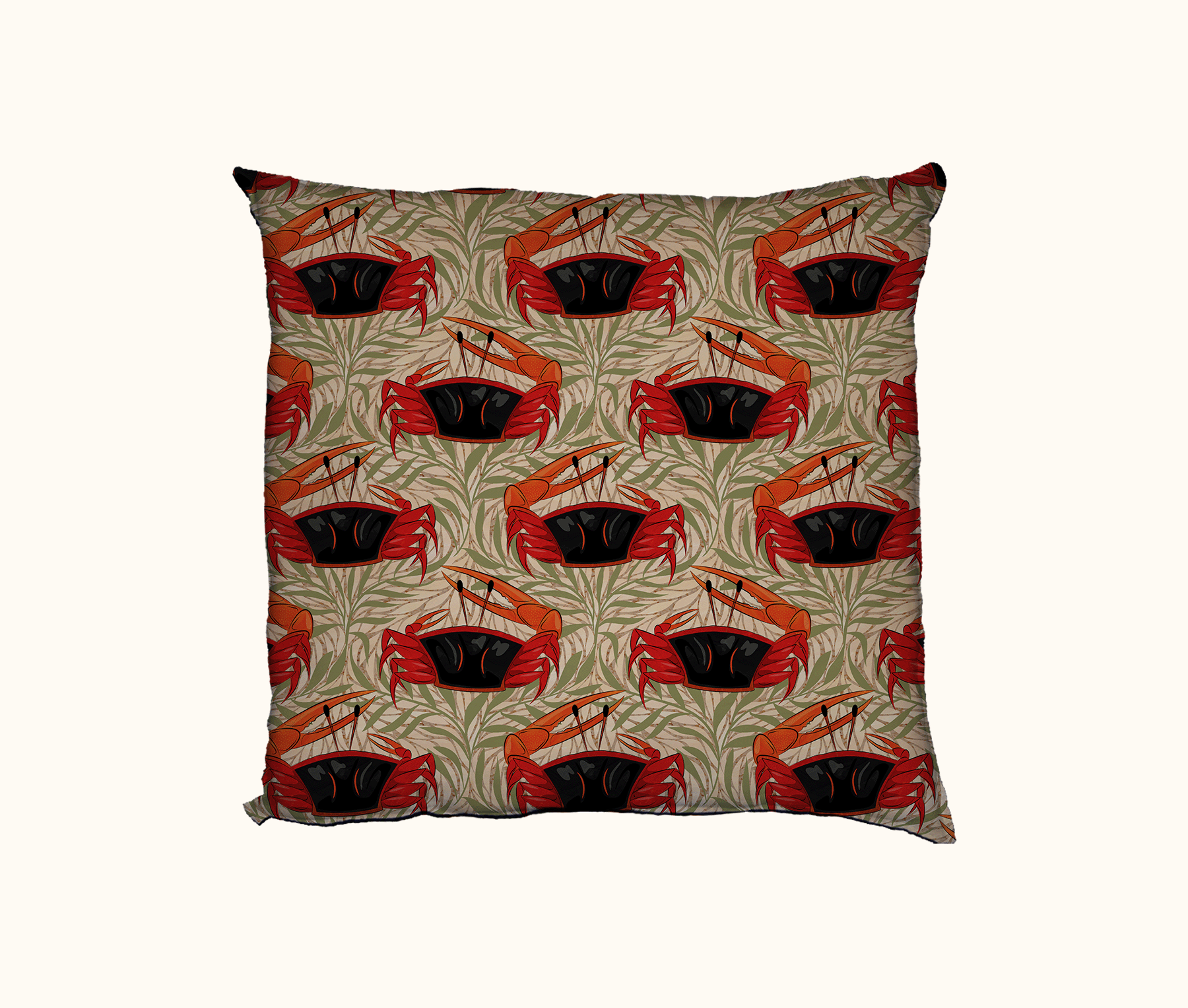 cushion with flame-backed fiddler crab and seaweed pattern on beige background