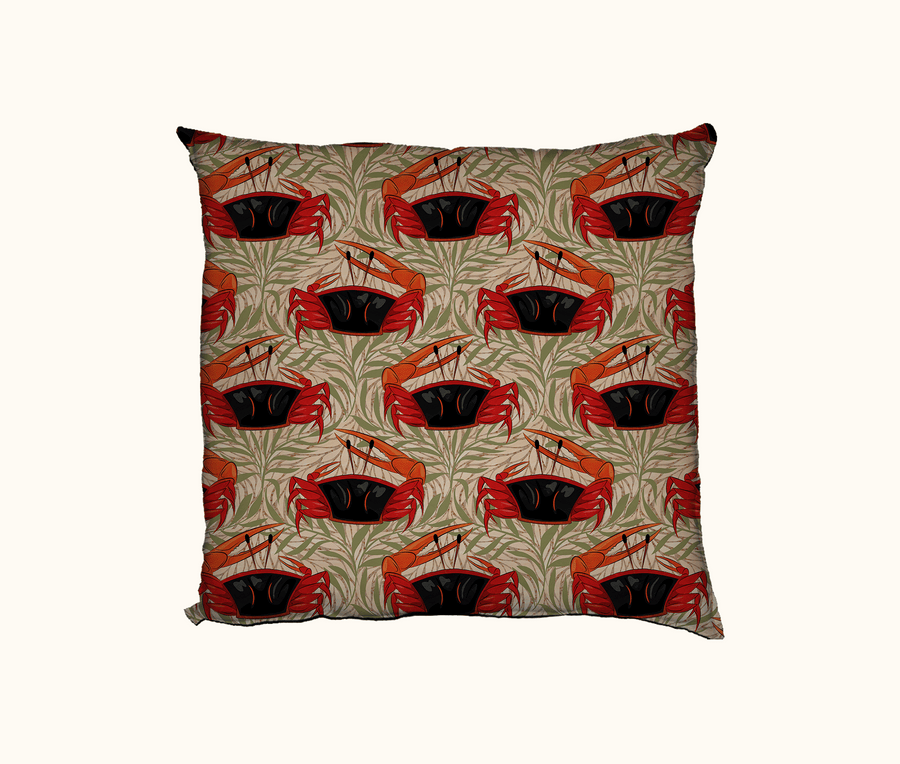 cushion with flame-backed fiddler crab and seaweed pattern on beige background