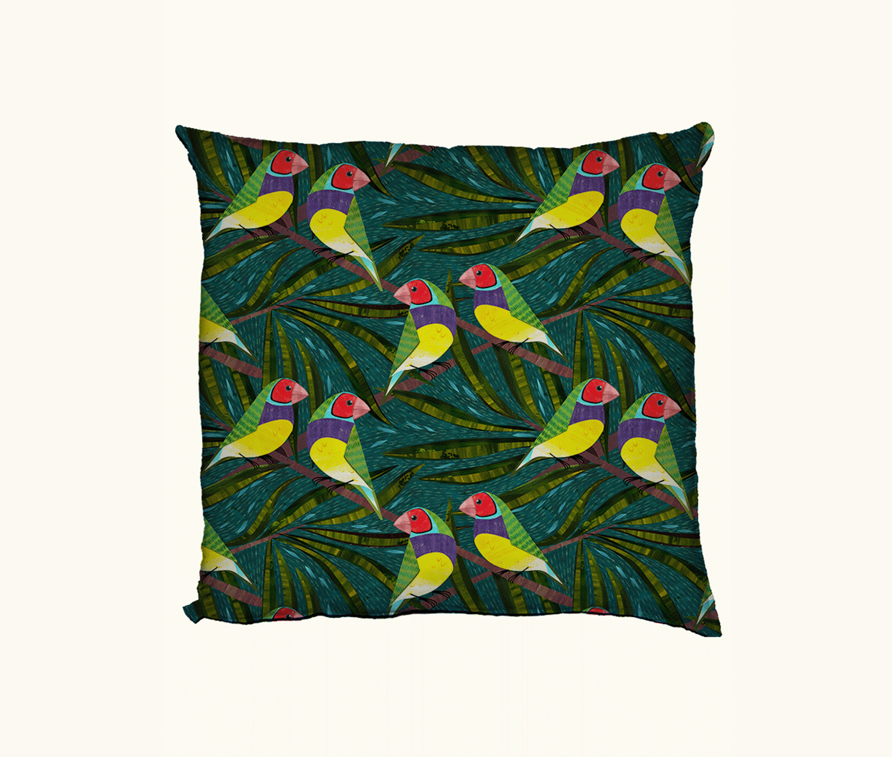 cushion featuring stylised Gouldian finches with red faces against a green and teal leafy background