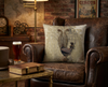 cushion featuring a mechanical steampunk lyrebird with circus text behind it on a textured background on an old leather armchair