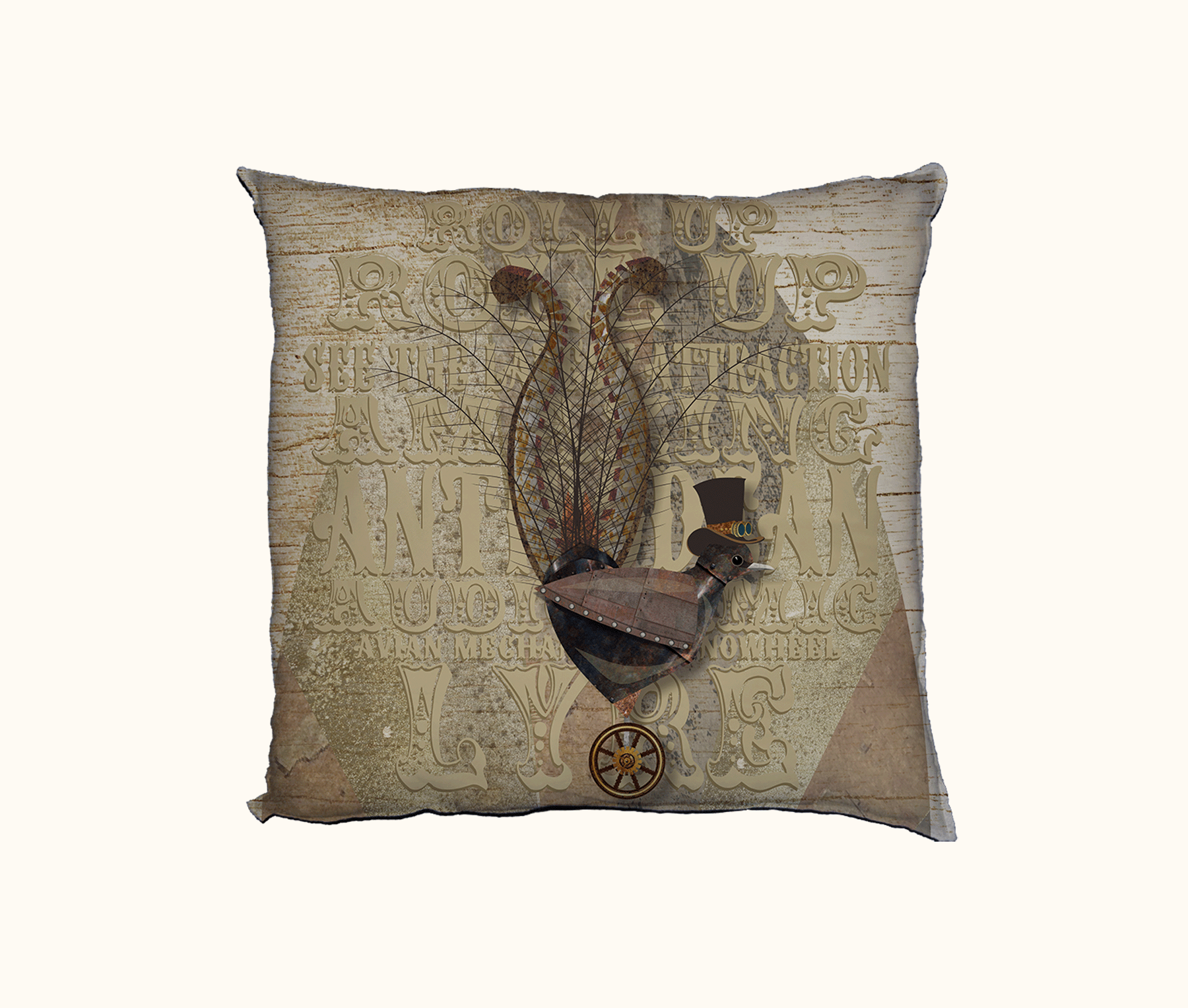 cushion featuring a mechanical steampunk lyrebird with circus text behind it on a textured background 