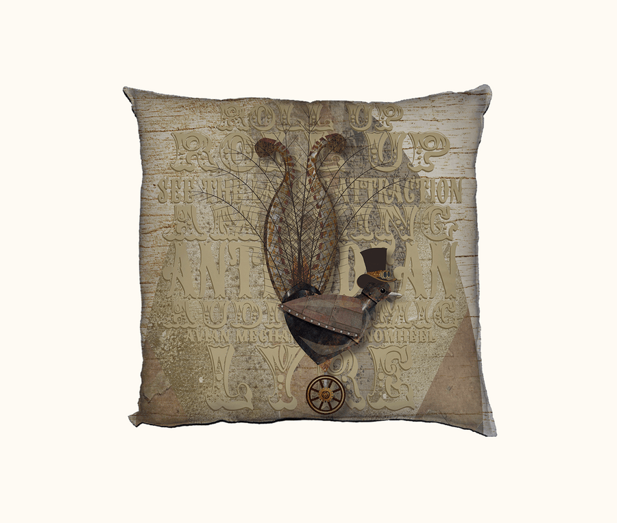 cushion featuring a mechanical steampunk lyrebird with circus text behind it on a textured background 