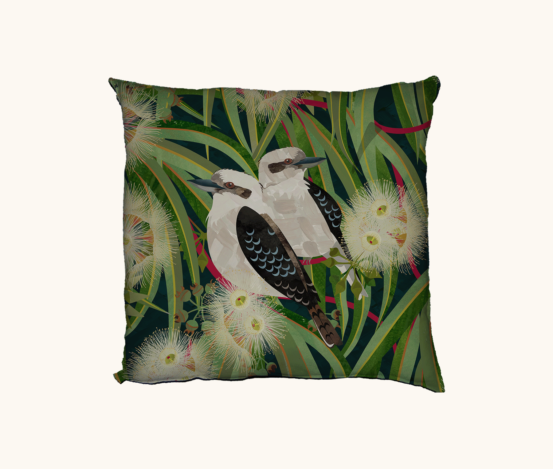 cushion featuring kookaburra in a river red gum in flower on a dark green background